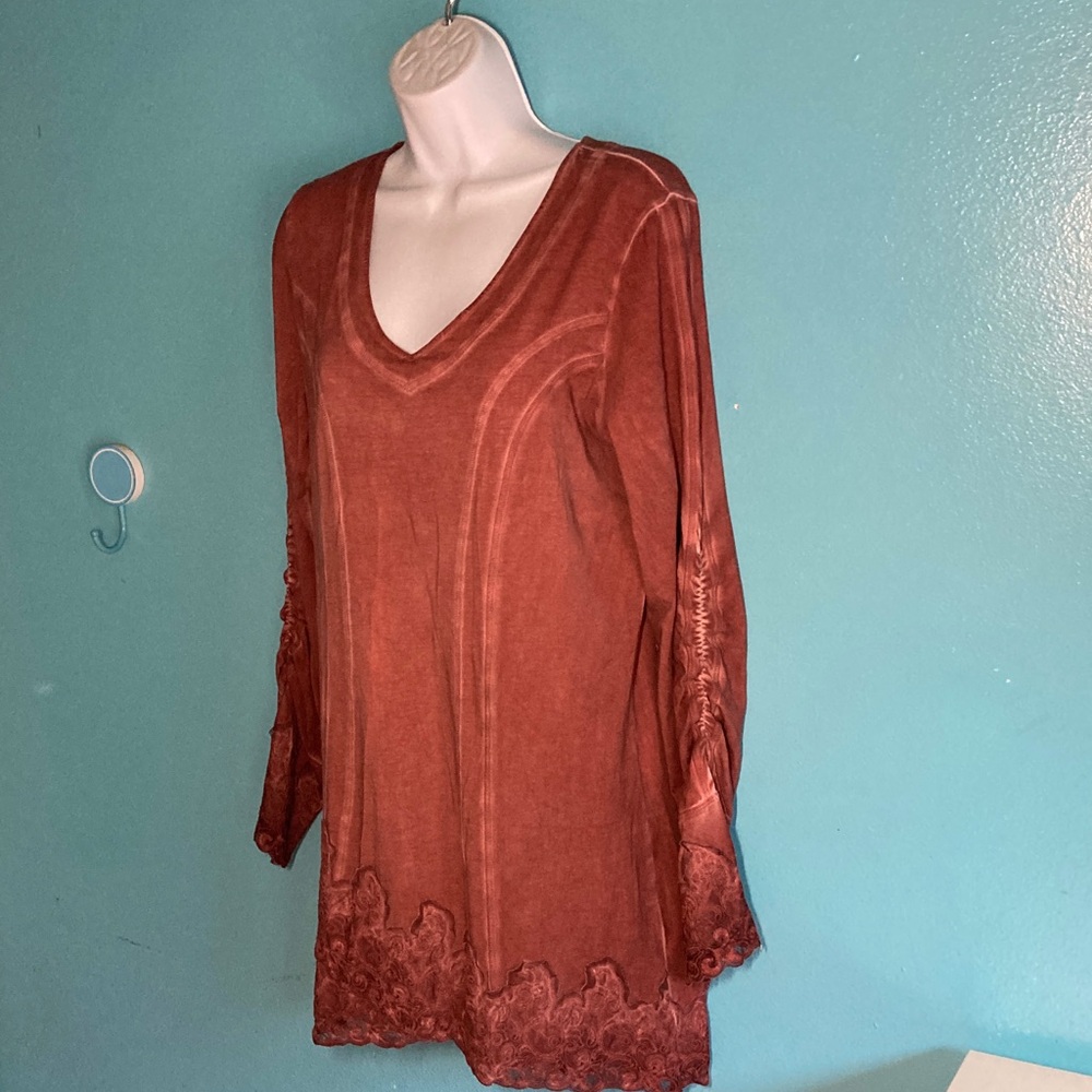 Gretty Zueger Tunic Dress Mauve Rose Womens Size L Long Sleeve Lace Accents